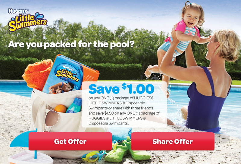 Save $1.00 on any ONE(1) package of HUGGIES® LITTLE SWIMMERS® Displosable Swimpants or share with three friends and save $1.50 on any ONE(1) package of HUGGIES® LITTLE SWIMMERS® Disposable Swimpants.